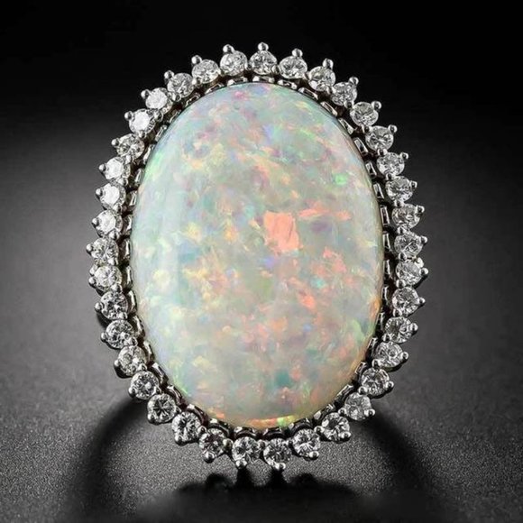 *NEW Huge Opal Diamond Halo 925 Silver Ring